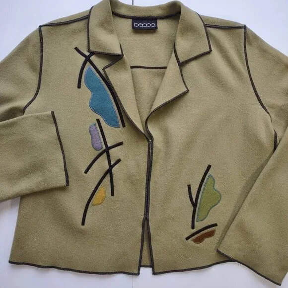Vintage beppa Wool Jacket Olive Green Abstract Floral Boho Artsy Retro Small - Picture 7 of 8